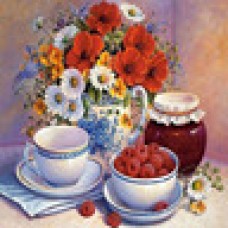 Алмазная мозаика 40*40см "Малина с медов возле вазы с цветами"